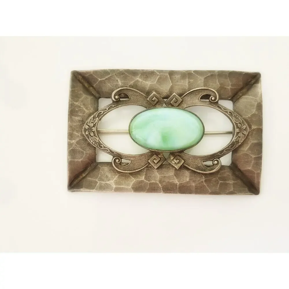 Antique Victorian Peking Green Glass Art Nouveau C-Clasp Brooch